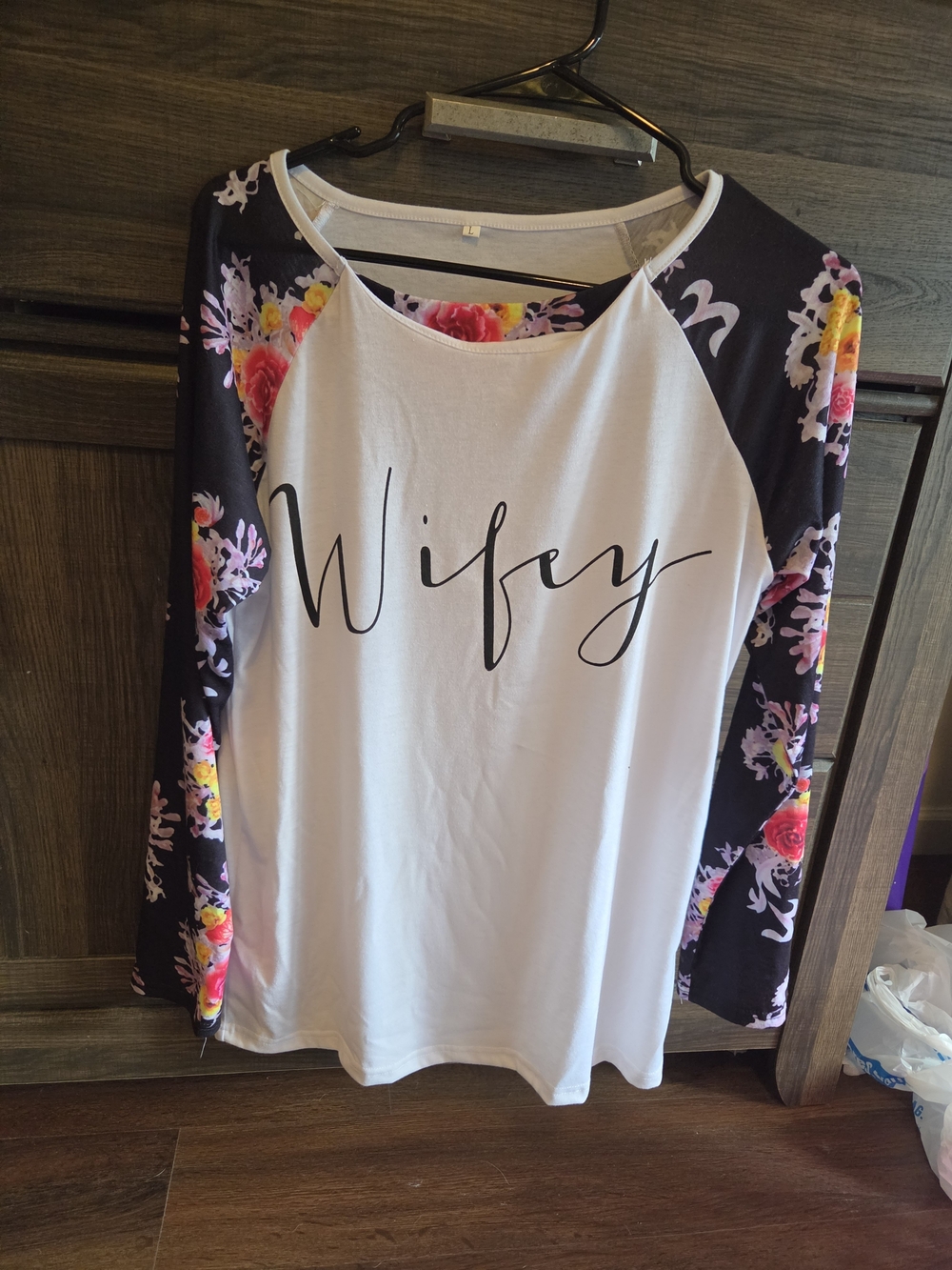 Wifey Floral Raglan Long Sleeve Top - White with Black Floral Sleeves LARGE